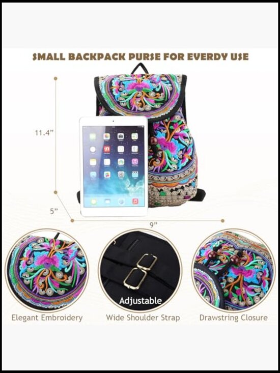 Floral Embroidery Canvas Drawstring Backpack Vintage Daypack Travel Shoulder Bag main image 2